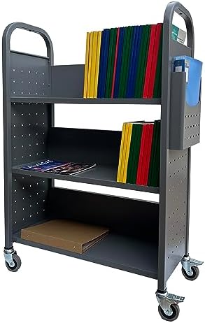 Workington Rolling Book Truck Book Cart with 3 Flat Shelves, Library Book Cart with Swivel Lockable Casters 3001 Gray by Workington