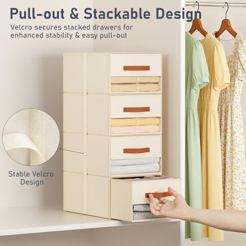 DIMJ Closet Organizers and Storage - Pull-out Fabric Bins with Drawers for Closet Foldable Clothes Organizers with Clear Window, Stackable Storage Drawers for Bedroom,Living Room,Shelf,4-Pack, Beige - Image 4