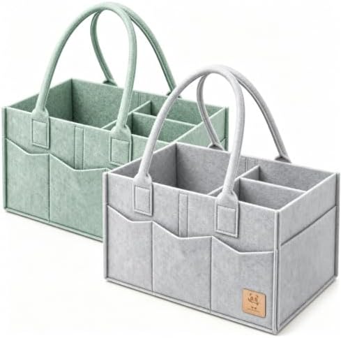 HIPHOP PANDA 2-Pack Diaper Caddy Organizer - Nursery Storage Bin & Car Organizer for Diapers, Wipes, and Baby Essentials - Dual-Color Solid Set (Grey/Green), Regular Size by HIPHOPPANDA