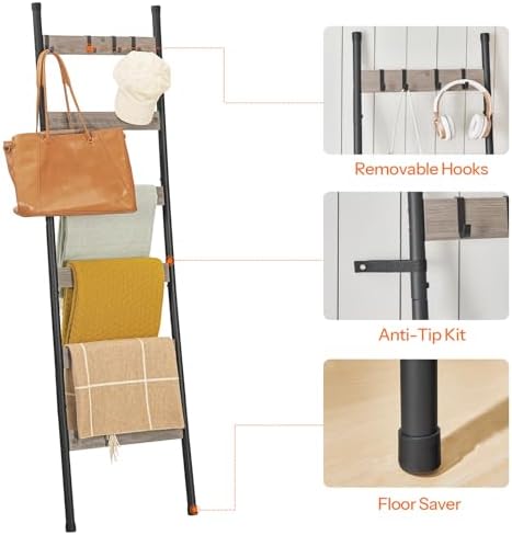 HOOBRO Blanket Ladder, 6-Tier Towel Rack with Hooks, Wall-Leaning Blanket Rack, Decorative Display Ladder Shelf, Scarves, Industrial, Living Room, Bedroom, Black and Greige BG66CJ01 - Image 6