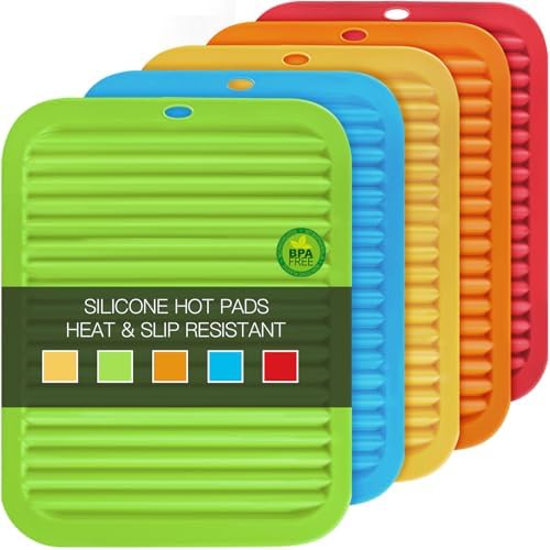 5 Pack Silicone Trivets for Hot Pots and Pans, 9 * 12Inch SiliconeTrivet for HotDishes, Colorful Heat Resistant Silicone Mat, Non-Slip Hot Pads Pot Holders for Kitchen Counter Hot Plate Mat by QPIXDIGITAL