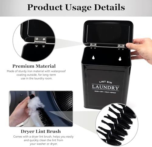 Fantasyon Magnetic Lint Bin with Lint Brush for Laundry Room Decor Farmhouse Rustic Metal Wall Mounted Lint Box Holder Keeper Organization Lint Trash Can with lid for Dryer (black) - Image 4