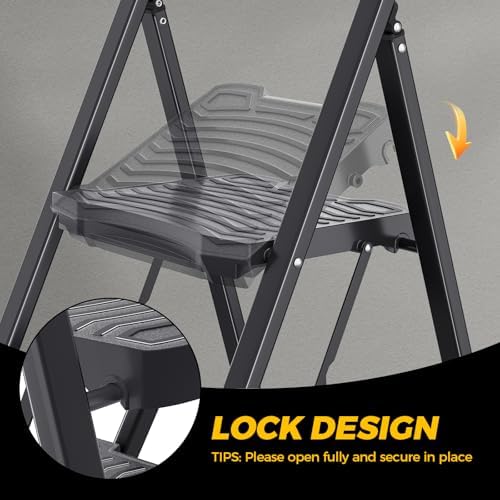 TOOLF 2 Step Ladder with Wide Pedals, Folding Steel Step Stool, Black - Image 2