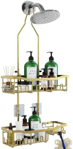 Shower Caddy, Extended Length Shower Organizer with Hooks, Rustproof Shampoo Soap Holder, Large Hanging Bathroom Caddy, Gold by Joqixon