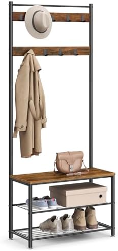 VASAGLE Coat Rack, Hall Tree with Shoe Storage Bench, 3-in-1, Steel Frame by VASAGLEbySONGMICSHOME