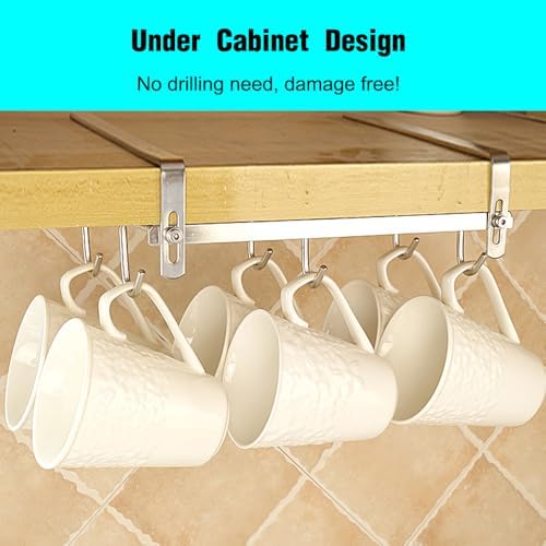 Mug Holder Under Cabinet for 1.18"- 1.96" Thickness Cabinet Base, 9 Hooks Cup Organizer Hanging Coffee Mug Rack Tea Cup and Utensil Hooks Drilling Free Mug Hanger Under Shelf - Image 2