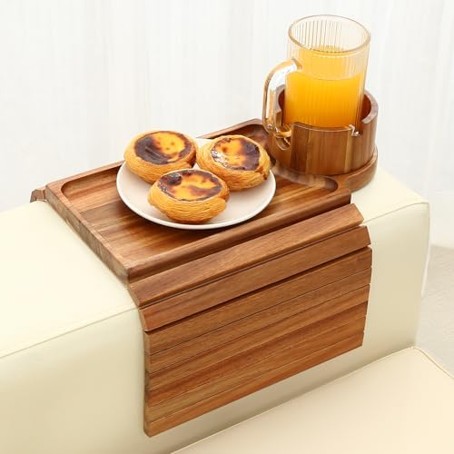 GHKINMAL Couch Cup Holder Tray,Sofa Arm Tray, Fits 6.3"+Wide,Acacia Wood by GHKINMAL