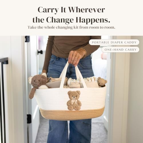 Baby Diaper Caddy Organizer, Teddy Bear Cotton Rope Nursery Basket - Image 5