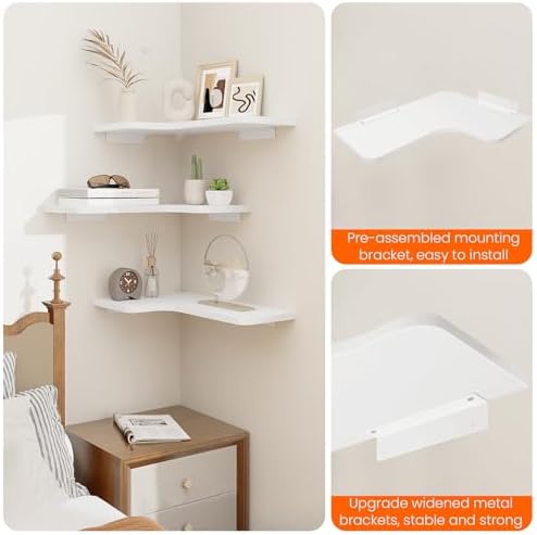 Homode Corner Floating Shelves, Set of 3 Corner Wall Shelves with Wire Hole, L-Shaped Wood Hanging Storage Shelf for Wall Decor, for Bathroom Kitchen Bedroom, White - Image 6