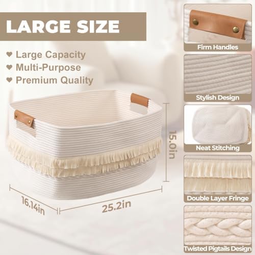 danpinera 108L Large Basket for Living Room, Boho Decorative Basket Organizing with Handles, Cotton Rope Storage for Toys, Pillows, Clothes, 25’’*16’’*16’’ White - Image 5