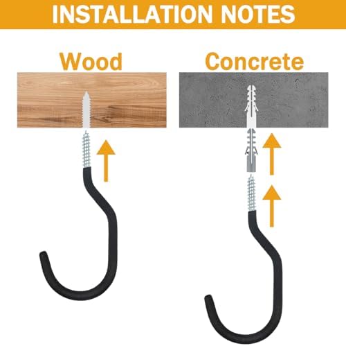 KURUI Heavy Duty Screw in Hooks for Hanging, 12 Pack Bike Hooks for Garage Wall with Screw Anchors, Wall Mount Bicycle Storage for Ceiling, Large Black Plant Hooks for Ceiling - Image 6