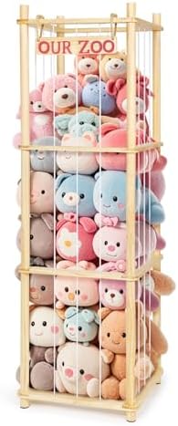 Stuffed Animal Storage - Tall Natural Pine Wood Toy Organizer with Elastic Cords & Shelf, Space-Saving Plushie Playhouse for Nursery, Playroom, Kids Bedroom - Easy Assembly by EULXSUD