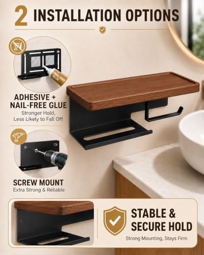 Toilet Paper Holder with Shelf, Wall Mount Walnut & Stainless Steel - Image 4