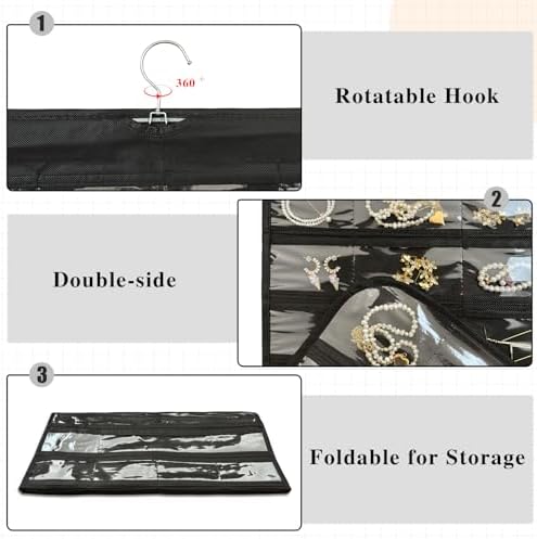 Hanging Jewelry Organizer 80-Pocket Double-Sided Storage, 2-Pack, Black - Image 4