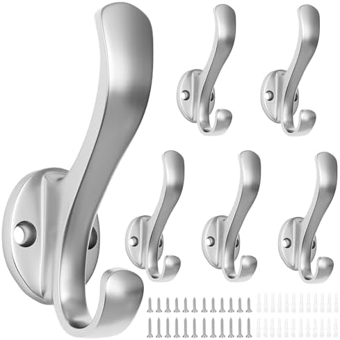Coat Hooks Heavy Duty - Easy to Install Metal Towel Hooks Fashionable Wall Hooks for Hanging Hat, Towel, Key, Robe, Scarf, Bag, Cap (6 PCS Silver) by Ruiziiz