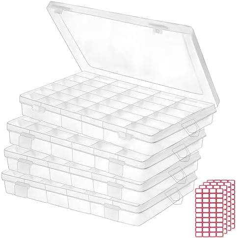 Budreu 4pack 36 Grids Plastic Clear Organizer Box Bead Storage Containers with Adjustable Dividers for Craft Jewelry Fishing Tackles Parts Storage with 4 Sheets Label Stickers by Budreu