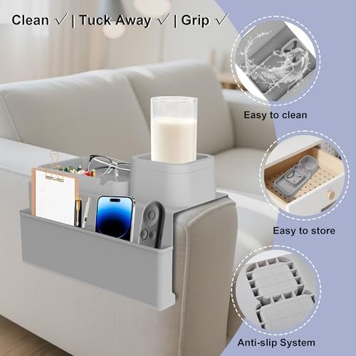 KindGa Couch Cup Holder Tray - Silicone Sofa Armrest Organizer Slate Gray - Image 6