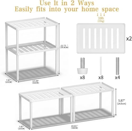 Cabinet Organizer Shelf, 2 Tier Kitchen Cabinet Organizer with Stackable Cabinet Shelves for Kitchen Countertop Storage, Metal Kitchen Shelf Organizer for Spice, Pantry & Under Sink (White) - Image 4