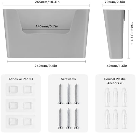 JOMOLA No Drilling File Holder 3 Pack Mail Organizer Wall Mount File Organizer Holder Office Wall Hanging Files Magazines Organizer Plastic Door Mount Wall Pocket with Adhesive Pad, Grey Color - Image 2