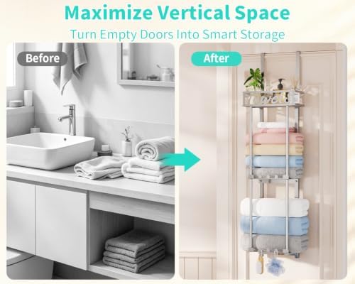HapiRm Towel Rack Bathroom Storage - 3 Tier Over The Door & Wall Mounted Rolled Towel Racks Holder Organizer with Metal Shelf and 6 Hooks for Small Bathroom, Camper, Rv - Sliver - Image 6