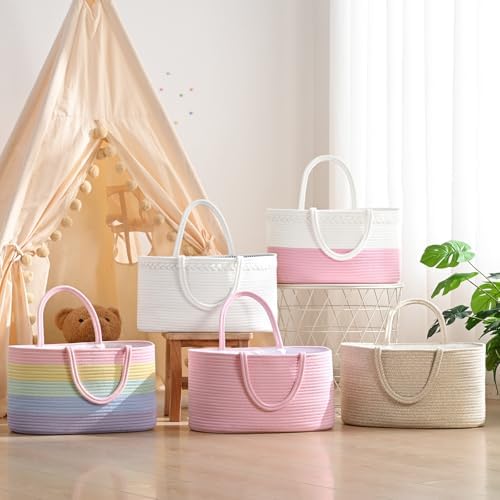 19L Baby Diaper Caddy Organizer, 16.8"x9.8"x9" Cotton Rope Diaper Basket, Changing Table Storage Caddy With Removable Divider, Baby Basket for Nursery, Car, Diapers, Baby Shower Gifts for Newborn - Image 6