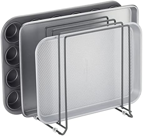 mDesign Pot Lid and Pan Rack — Metal Wire Rack for Cabinets, Pantries or Kitchen Surfaces — Freestanding Pan Stand with 5 Slots for Pans, Pots, Lids and Crockery — Dark Grey by mDesign