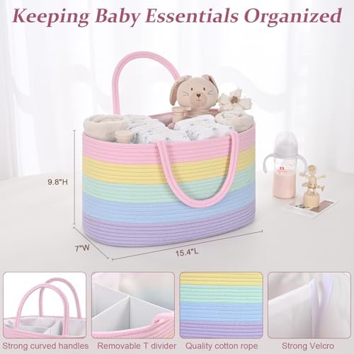 19L Baby Diaper Caddy Organizer, 16.8"x9.8"x9" Cotton Rope Diaper Basket, Changing Table Storage Caddy With Removable Divider, Baby Basket for Nursery, Car, Diapers, Baby Shower Gifts for Newborn - Image 5