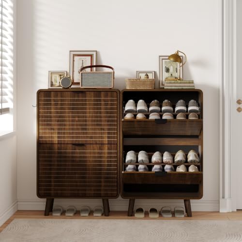 3imothrix Fluted Shoe Cabinet for Entryway with 2 Flip Drawers, Walnut - Image 7