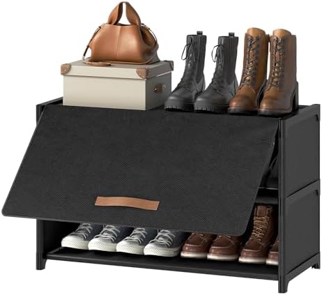 3 Tier Shoe Cabinet with Door, 12-Pair Storage, Black by UNITSTAGE