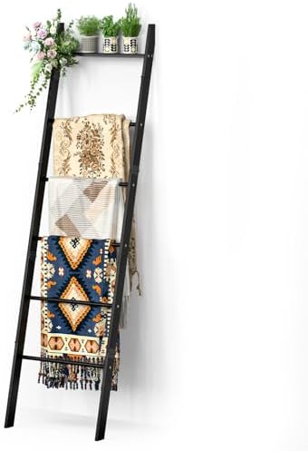 BAMBANG 6-Tier Blanket Ladder for Living Room, Blanket Quilt Ladder Rack Rustic Decorative Towel Holder, Wall Leaning Blanket Ladder Shelf Storage Farmhouse Decor for Bedroom Bathroom, Black by BAMBANG