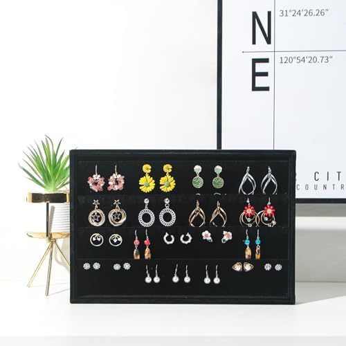Coward 2PC Black Velvet Stackable Earring Tray Drawer Jewelry Holder Organizer Box Storage Earring Display Stand for Home Drawer or Store Selling (earring+earring) - Image 4