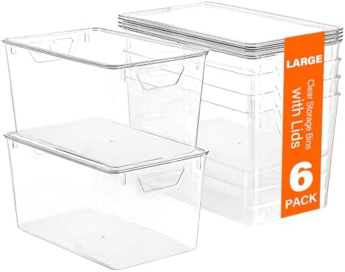 Freebat 6 Pack Clear Storage Bins with Lids, 7 Quart Pantry Organizer Bins by Freebat