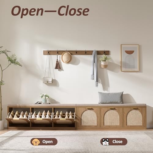 Rattan Narrow Entryway Bench with Shoe Storage, 3 Flip Drawers & Coat Rack, Mid-Century Modern Wood Shoe Cabinet with Seat Cushion for Foyer/Hallway (Rustic Oak Rattan) - Image 6