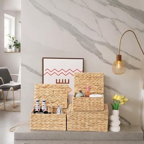 Wicker Storage Baskets with Lids,Multi-size 3 Pack Natural Water Hyacinth Wicker Nesting Baskets,Decorative Storage Ratten Boxes for Organizing,Storage,and Gifts - Image 7