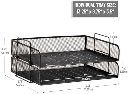 Mind Reader Stackable Paper Tray, Desktop Organizer, File Storage, Office, Metal Mesh, 13.25" L x 9.75" W x 6.25" H, 2 Pcs., Black (Pack of 8) - Image 3