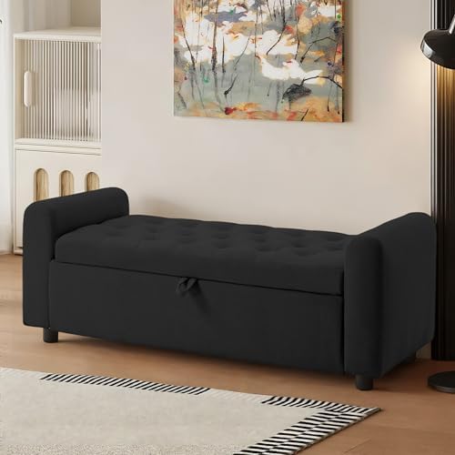 48" Ottoman with Storage, Tufted Storage Ottoman Bench, Convenient Living Room Fabrics Bench Seat, Entryway Shoe Benches with Inner Zipper & Arm, Rivetless Upholstered Window Seat Ottomans, Black by Unknown