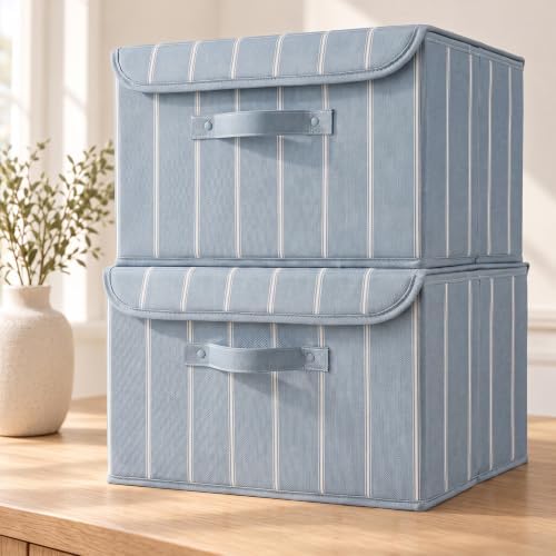 Decorative Linen Storage Boxes with Lids - Spacious Set of 2 Organizer Bins by ZICOTO