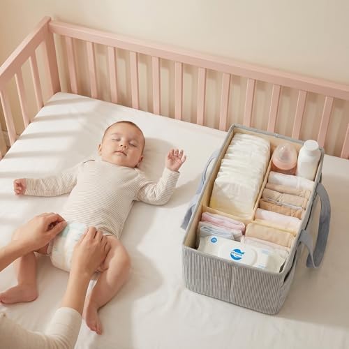 Baby Diaper Caddy Organizer with Portable Changing Mat-Portable Baby Organizers and Storage, Gift for Baby Shower, Corduroy Baby Essentials Organizer with Removable Dividers (Gray) - Image 5