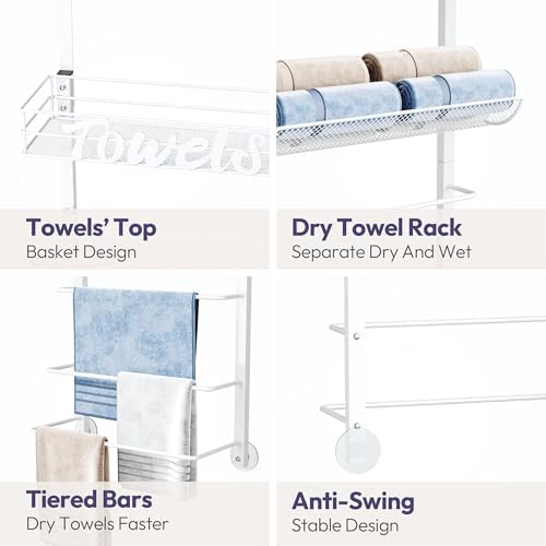 SWTYMIKI Over the Door Towel Racks for Bathroom - 5-Tier Wall Mounted Bathroom Towel Storage Organizer Holder with Metal Shelf, White - Image 6
