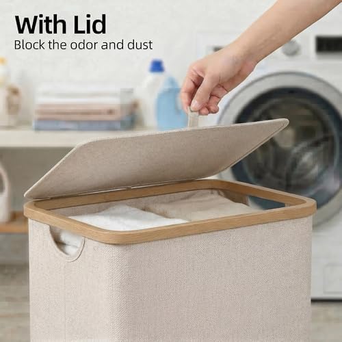 efluky Slim Laundry Hamper with Lid and Removable Bag, 100L Oat - Image 4