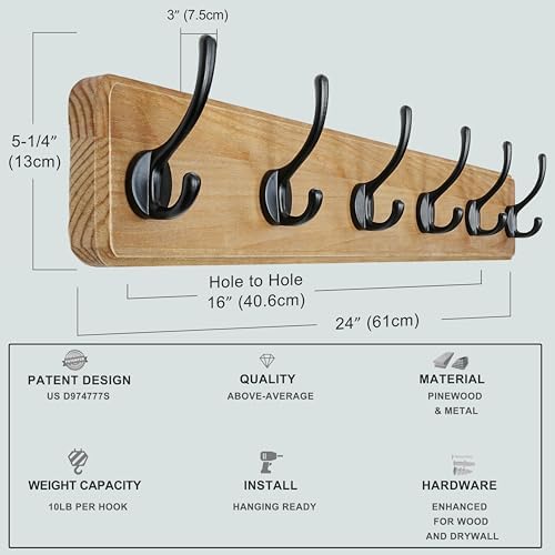 Dseap Wall Mounted Coat Rack: 24" Long, Patented, Heavy-Duty, 6-Double-Hooks Wooden Hanger Rail for Winter Coats, Hat, Jacket, Clothing - Weathered Brown, Pack of 2 - Image 5