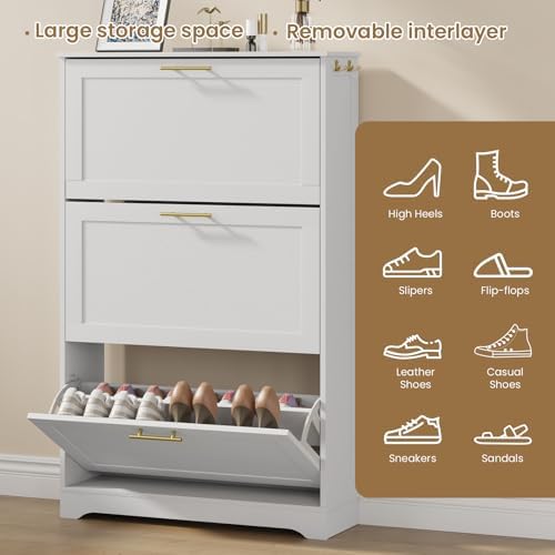 Modern Luxury Shoe Cabinet Organizer with 3 Flip Drawers,31.5" W，White - Image 5