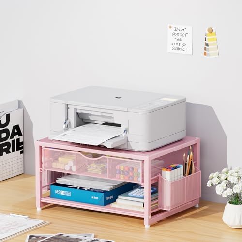 Marbrasse Metal Printer Stand for Desk with Storage Drawer and 2 Pen Holders, 2-Tier Desktop Organizer Printer Table for Home Office, Multi-Purpose Desk Organizer for Fax Machine Scanner Files(Pink) - Image 2