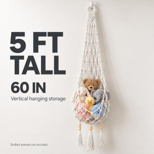 Stuffed Animal Hammock, 5 FT Boho Macrame Toy Storage Net with Wall & Adhesive Hooks, Cotton Plush Toy Organizer for Nursery, Kids Room, Playroom, Cream - Image 3