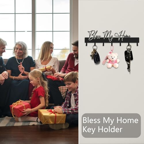 Exquisite Fashion Phrase Key Holder Wall Mount,Bless My Home Key Hooks for Wall Decoration,Black Metal Key Hanger with 7 Hooks for Entryway,Office,Living Room Decor - Image 2