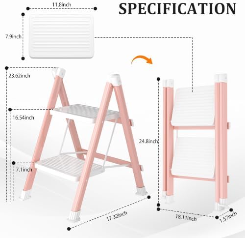 2 Step Ladder, Folding Step Stool with Anti-Slip Wide Pedal, Anti-Slip Feet, Sturdiest Steel Construction, 330lbs Capacity Steel Ladder for Home and Office, Pink White - Image 2