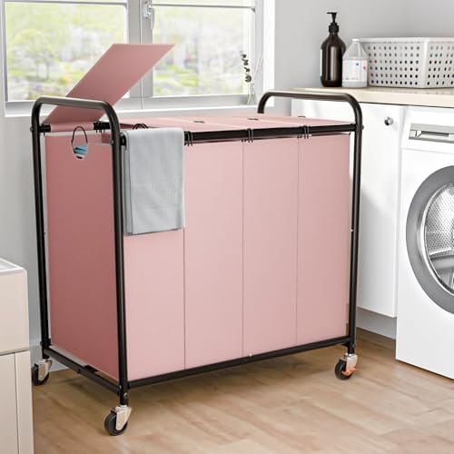 Laundry Sorter 4 Sections 48 Gal, Rolling Laundry Basket with Wheels ＆ Lid by OLLDIDE