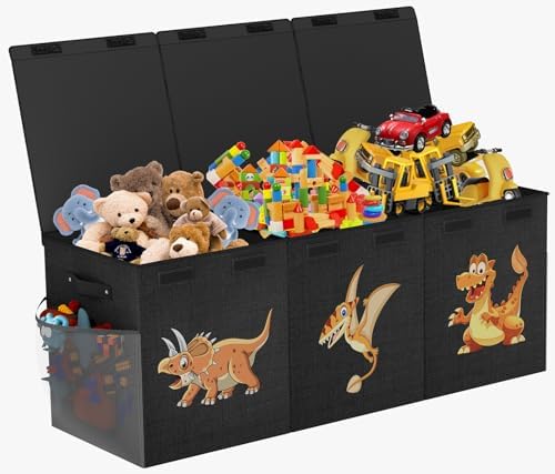Extra Large Toy Box Chest, Collapsible Sturdy Toy Storage Organizer Boxes Bins Baskets Dinosaur Kids Toy Chest Bin with Lids for Boys Girls Living Room Playroom Bedroom Nursery 41"x14"x16" Black by SAKAKI