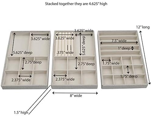 Household Essentials Grey Stacking Jewelry Organizer Box Tray Set with Removable Lid Fabric (744-1) - Image 5