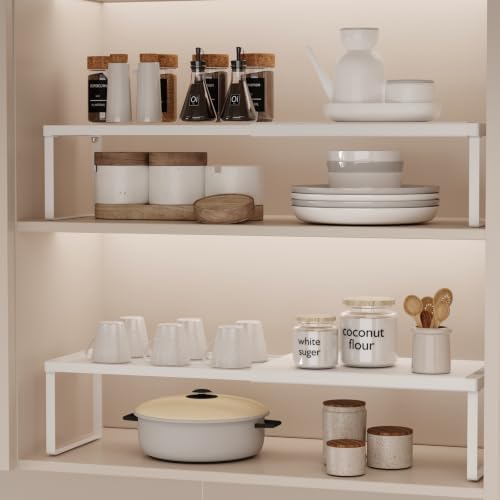 Magheo Expandable Cabinet Shelf Organizer, 2 Pack Stackable Kitchen Counter Shelf Riser, Metal Spice Rack Heavy Duty Countertop Organizer Storage for Kitchen, Pantry, Cupboard, Rv (5.9in Height,White) by MAGHEO